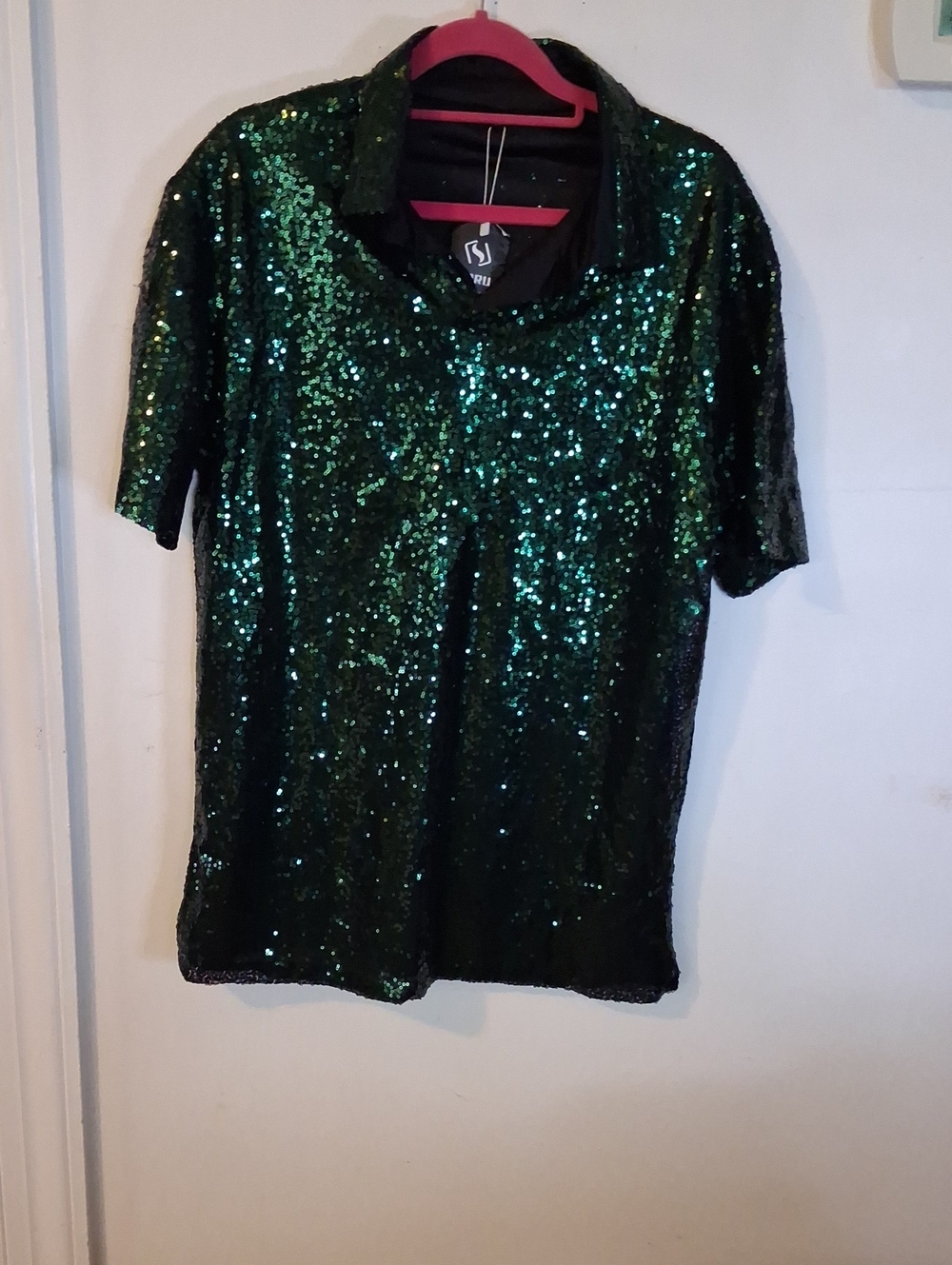 Green Sequin Collared Short Sleeve Tunic